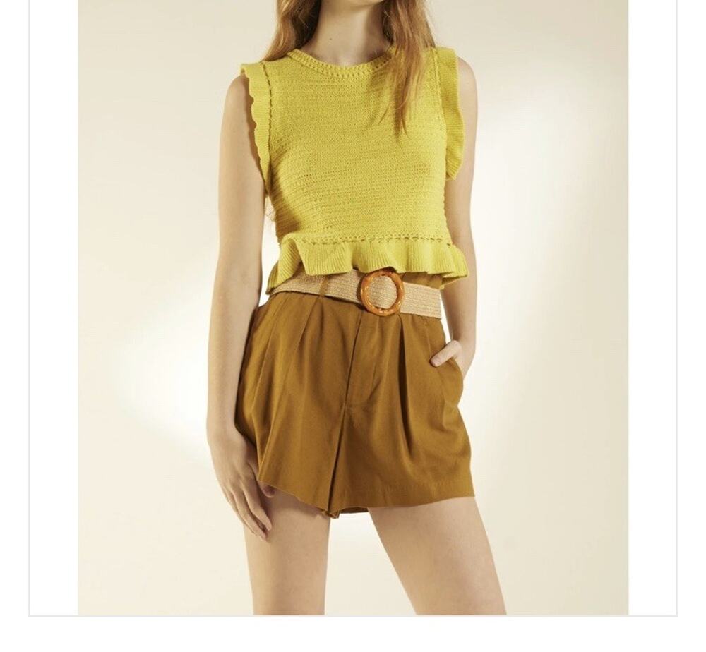 Deluc Nancy Knit Top Yellow Boxy Ruffled Sleeveless Boutique Tank Boho Cottage